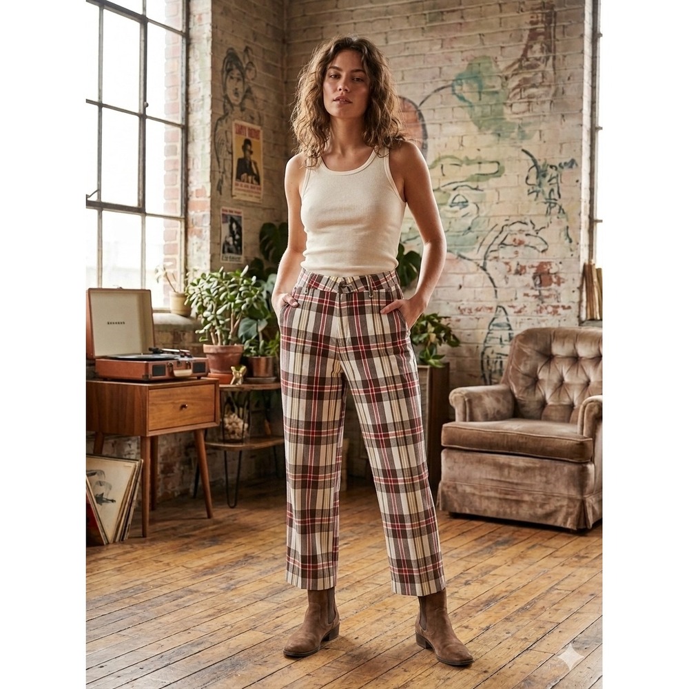 Brixton Women Brown Plaid Raw Hem Canvas Trousers Pants 28